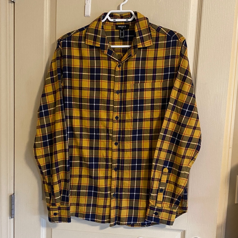 ๐$10 add. Forever 21 Plaid Cotton shirt. Yellow navy
